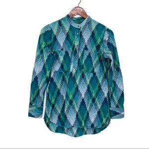 Madewell Wellspring Pixel Ikat Green Popover Long Sleeve Shirt Blouse Size Small